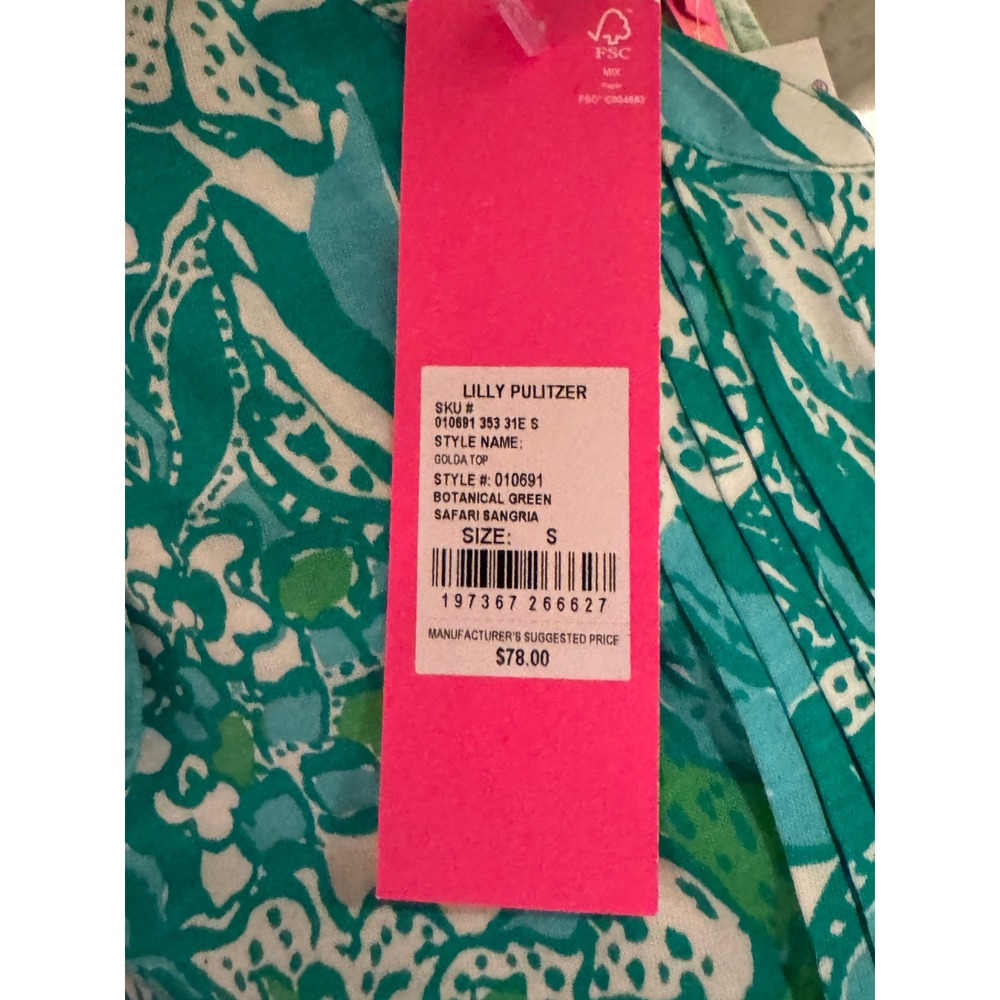 Lilly Pulitzer Golda Top Botanical Green Safari Sangria Floral Ruffle Top Size S - Picture 3 of 5